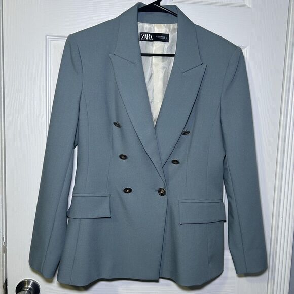 Zara Blazer Women's Medium Blue Double Breasted Gold Button Lined Jacket Career - Picture 1 of 9